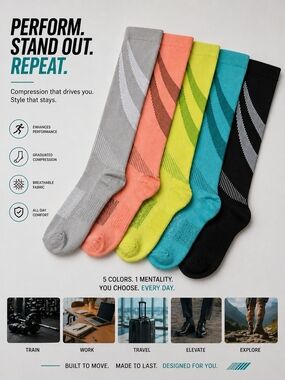 Performance Compression Crew Socks - Gray, Coral, Lime, Teal, Black, 20-30